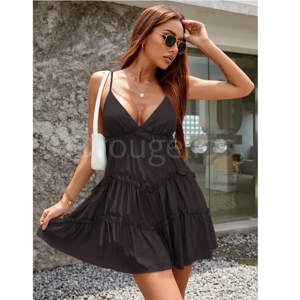 Black Summer Dress Mini Babydoll Flowy - Picture 6 of 9